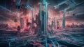 Design a surreal landscape where abstract cyber defenses weave through a mesh of interconnected data stream