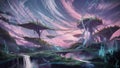 Design a surreal landscape where abstract cyber defenses weave through a mesh of interconnected data stream