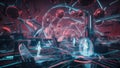 Design a surreal landscape where abstract cyber defenses weave through a mesh of interconnected data stream