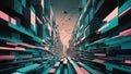 Design a surreal landscape where abstract cyber defenses weave through a mesh of interconnected data stream
