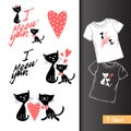 Design t-shirt with two lovely cats and lettering I meow your, Vector illustration