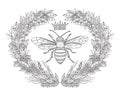 Design for t-shirts with image of wreath of flowers, honey bee and crown. Black and white vector illustration.