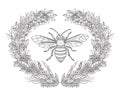 Design for t-shirts with image of wreath of flowers and honey. Black and white vector illustration.