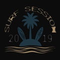 Design t-shirts. Summer adventures. Surf theme. Sea, waves, palm trees, beach Royalty Free Stock Photo