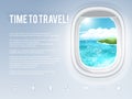 Design template with aircraft porthole and tropical landscape in it. Vector illustration, eps10.