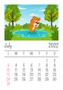 Design template for the calendar for 2022, July. Cute cartoon tiger jumping in a puddle or swimming in a lake. Summer
