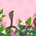 Design template card with portrait of a cobra. Cartoon style icons of a snake with tropical leaves, flowers.