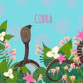 Design template card with portrait of a cobra and text. Cartoon style icons of a snake with tropical leaves, flowers.
