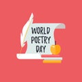 Design template card for World Poetry Day. Icons of  scroll, quill pen and books. Royalty Free Stock Photo