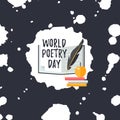 Design template card for World Poetry Day. Quill pen, apple and books Royalty Free Stock Photo