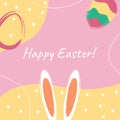 Design template on colorful backdrop. Poster, card, banner design. Happy easter card. Easter eggs, rabbit. Spring season. Festive