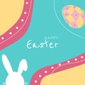 Design template on colorful backdrop. Poster, card, banner design. Happy easter card. Easter eggs, rabbit. Spring season. Festive