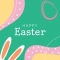 Design template on colorful backdrop. Poster, card, banner design. Happy easter card. Easter eggs, rabbit.