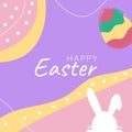 Design template on colorful backdrop. Poster, card, banner design. Happy easter card. Vector template. Easter eggs, rabbit. Spring