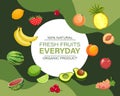 Design template with fresh fruits, natural products, organic food. Illustration, poster, fruit background banner. Royalty Free Stock Photo