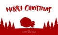 Design template of greeting card with Silhouette of Santa Claus carries a heavy sack full of gifts.
