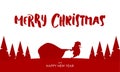 Design template of greeting card with Silhouette of Santa Claus pulls a heavy bag full of gifts. Royalty Free Stock Photo