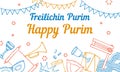 Design template for Purim with traditional objects on the bottom of the page. Title in Yiddish