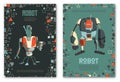 Design template with robots characters and geometric shapes. Technology, future. Artificial intelligence concept.