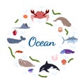 Design template with sea animal in circle for kid print. Round composition of marine animals, crab and seal, whale Royalty Free Stock Photo