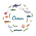 Design template with sea animal in circle for kid print. Round composition of marine animals, shark, beluga and seaweed. Royalty Free Stock Photo