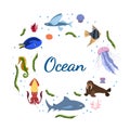 Design template with sea animal in circle for kid print. Round composition of marine animals, squid and shark, jellyfish Royalty Free Stock Photo