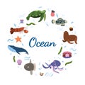 Design template with sea animal in circle for kid print. Round composition of marine animals, turtle and whale, octopus Royalty Free Stock Photo
