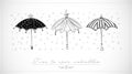 Design template with three doodle vintage umbrellas on white background with place for your text. Vector sketch Royalty Free Stock Photo