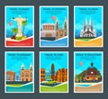 Design template of various travel cards with illustrations of famous landmarks