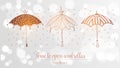 Design template with vintage doodle umbrellas on white glowing background with place for your text. Vector sketch Royalty Free Stock Photo