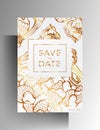 Wedding invitation design card template. Hand drawn floral golden pattern on white background. Vector 10 EPS. Royalty Free Stock Photo