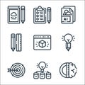 Design thinking line icons. linear set. quality vector line set such as brain, light bulb, target, pencil, web, pencil, ai, Royalty Free Stock Photo