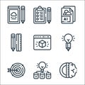 Design thinking line icons. linear set. quality vector line set such as brain, light bulb, target, pencil, web, pencil, ai,