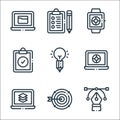 Design thinking line icons. linear set. quality vector line set such as pen, target, laptop, laptop, pencil, clipboard, pantone,