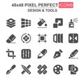 Design and tools glyph icon set. Pen, crop, eraser, color palette, selection, pencil, rotate, eyedropper unique icons