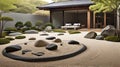Design a tranquil Zen garden with raked gravel, minimalist rock formations, and a sense of contemplative calm