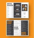 Design of a trifold menu for cafes and restaurants with alternating black and white blocks with orange elements