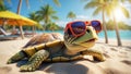 design turtle comedian poster holiday summer character leaves vacation sun