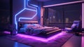 Design an ultra-modern luxury neon bedroom with sleek, futuristic furnishings, and neon lights casting a vibrant, colorful glow