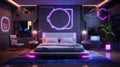 Design an ultra-modern luxury neon bedroom with sleek, futuristic furnishings, and neon lights casting a vibrant, colorful glow