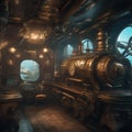 Design an underwater steampunk world filled with submarines, divers, and underwater cities2