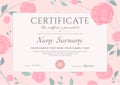 Certificate of completion template with flowers blue Roses and Green floral pattern frame leaves. Royalty Free Stock Photo