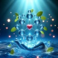 Loving energy of water healing. Water molecules with a red heart at the centre. AI generated. Royalty Free Stock Photo
