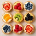 Assortment of small fruit tarts with fruit toppings. AI generated. Royalty Free Stock Photo