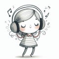 Girl with headphones enjoying music. Illustration in shades of grey. Generative AI. Royalty Free Stock Photo