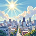 Vibrant illustration of a sunny, urban SanFrancisco landscape. Generative AI. Royalty Free Stock Photo