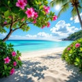 Tropical beach scene with turquois water and sandy shore, vibrant pink flowers. AI illustration. Royalty Free Stock Photo