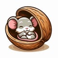 Cute, cartoon illustration featuring a little mouse sleeping in a wallnut shell. AI generated. Royalty Free Stock Photo