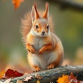 Red squirrel sitting on a log surrounded by autumn leaves. Royalty Free Stock Photo