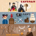 design vector banners with caveman,pirate and native americ